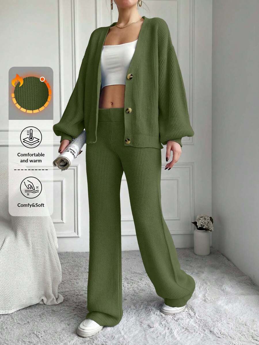 EURMUSE Women's Solid Color Long Sleeve Sweater & Pants 2 Pieces Set - Army Green - View 1