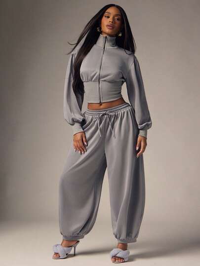 Denimoi Conjunto de 2 piezas de ropa urbana para mujer en gris con cintura ceñida, sudadera corta con cremallera y pantalones de chándal con cordón