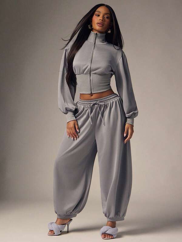 Denimoi Damen-Zweiteiler-Set mit Sweatshirt und Jogginghose, Reißverschluss vorne, hoher Kragen, tailliert, kurzes Sweatshirt mit Reißverschluss und Jogginghose mit Kordelzug, Lounge-Set