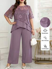 Reflora Setelan 2 Potong Atasan Jacquard Elegan Ukuran Plus dengan Hem Asimetris dan Celana Panjang Longgar - Purple - View 1