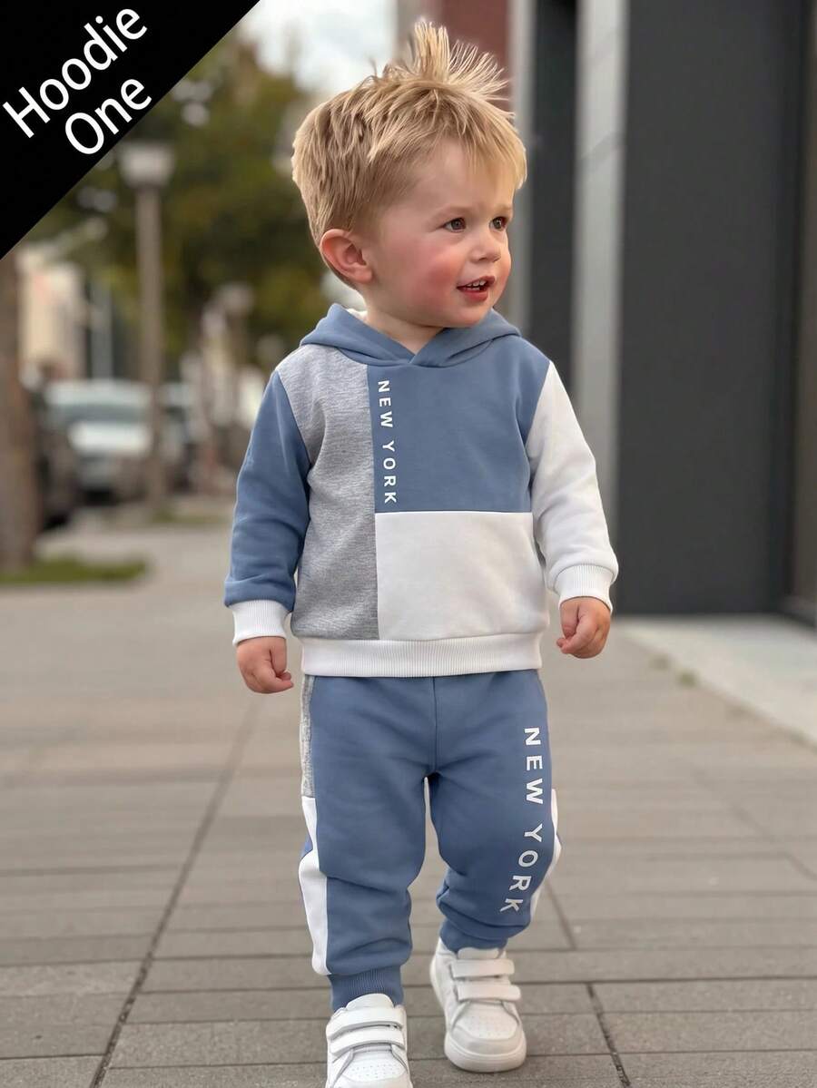 Infant Boys Hooded Casual Comfortable Sweatshirt, Classic Retro Color Block Patchwork Graphic Print, Classic City Name New York Text Graphic Print, Suitable For Autumn/Winter - Multicolor - View 1