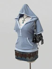 Sunspun Plus Size Women's Striped Short Sleeve Button Design Hooded Sweatshirt - Multicolor - View 8