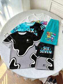 SHEIN Randomly Ships 1 Of 3 Colorblock Letter Block Print Short Sleeve Set, Casual Fashion Style - Multicolor - View 3