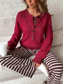 SHEIN Women Sweater With Button Dark Red Brunch Office Autumn Casual French - Burgundy - View 7