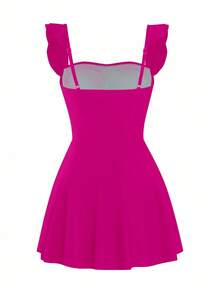 Swim Lushoire 女款純色抓皺荷葉袖連身泳衣，度假適用 - 玫紅色 - 查看 4