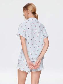 Bonmuse 3pcs Women's Cherry Striped Print Pajama Set With Pockets, Front Button, Ruffle Hem Short Sleeve Top And Shorts & Pants, Summer Sleepwear - Multicolor - View 2