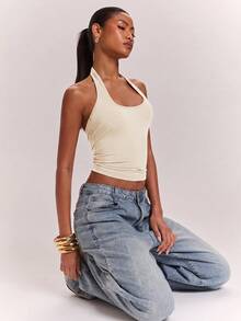 SHEIN BAE 女款針織素色米色休閒通勤掛脖露背扭結性感實用背心 T-shirt 寬鬆度假夏季款 - 杏色 - 查看 2