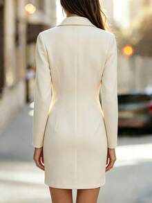 SHEIN Women's Spring/Autumn Beige Suit Fabric Cinched Waist Two-Button Lapel Long Sleeve Short Commuter Bodycon Blazer Dress - Apricot - View 3