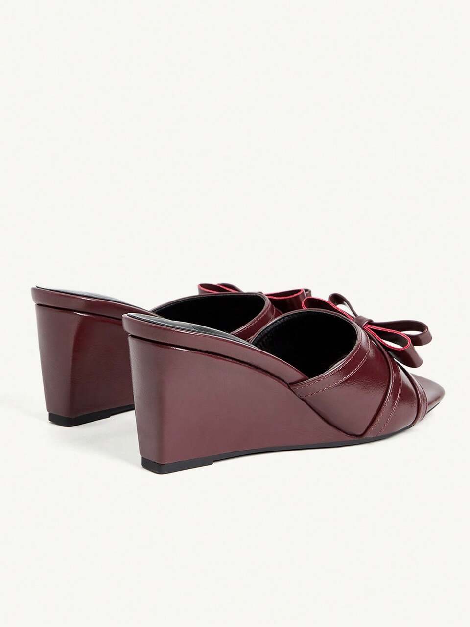 CUCCOO CHICEST Women's Shoes Three-Dimensional Bow Square Toe Slope Heel Commuter Versatile Burgundy PU Leather Women's Slope Heel Platform Sandals Dating Outdoor