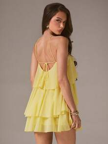 L'Amorae Women's Romantic Wedding Guest Solid Color Backless Multi-Layer Chiffon Mini Dress, Elegant Formal Dress, Chic, New Year, Party, Birthday Dress - Yellow - View 4