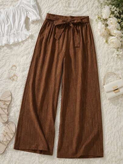 Women's Wide Leg Pants, Elegant And Casual. Natural Waist Fit And Mid-Waist Ribbon. Shoulder Free. Texture Without Prints. Very Fresh, Light And Comfo