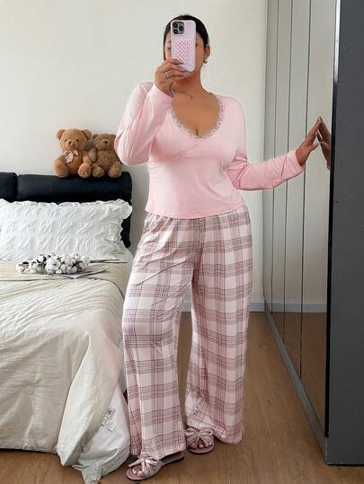 Slumberry CURVE Plus Size Women's Knit Casual Plaid Print Long Pants, V-Neck Long Sleeve Top Pajama Set