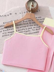 2pcs/Set Tween Girls Light Pink Ribbed Camisole+Low-Waist Casual Pants,Contrast Trim Vintage Summer Casual Outfits For Daily Wear,Outings&Photo Shoots - Pink - View 5