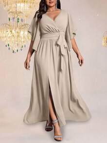 Auvina Plus Size Women V-Neck Flared Sleeve Tie Waist Ruffle Slit Dress, Elegant For Party - Apricot - View 6