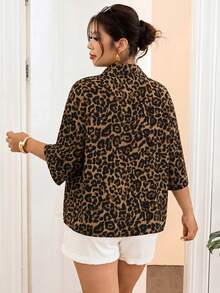 SHEIN Frenchy Vintage Leopard Print Plus Size Women's Single-Breasted Short Sleeve Shirt Fall - Multicolor - View 2