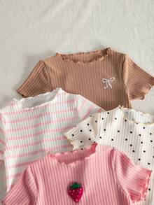 SHEIN 4件組少女3D草莓貼布、蝴蝶結刺繡與波點印花，粉色與白色條紋針織荷葉邊T恤，百搭套頭上衣，適合日常穿著 - 彩色 - 查看 5
