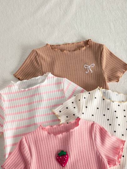 SHEIN 4pcs Young Girl 3D Strawberry Patch, Bow Embroidery & Polka Dot Print With Pink & White Striped Knit Ruffle T-Shirt, Versatile Pullover Top For Daily Wear