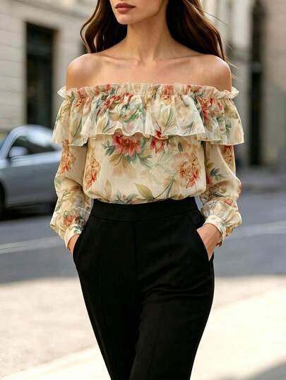 SHEIN Women's Autumn/Winter Shoulder Long Sleeve Blouse With Ruffle Off Shoulder Design, All-Match Fit, Chiffon Ditsy Floral, Shoulder-Exposing Design, Casual Daily Wear, Versatile Fashion, Loose Elegant, Commute Style, Autumn/Winter Top, Women's Casual Top, Commute, Outing Top, Green Top, Outing