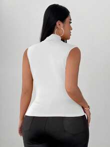 Elenzga Plus Size Women Solid Color Sleeveless Fitted Ruched Neckline Cross Strap Top - White - View 2