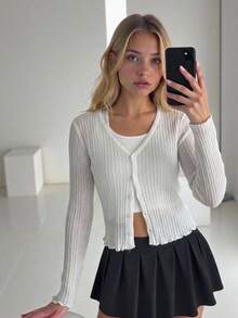 SHEIN 少女純色長袖單排扣休閒針織開襟衫 - 白色 - 查看 1