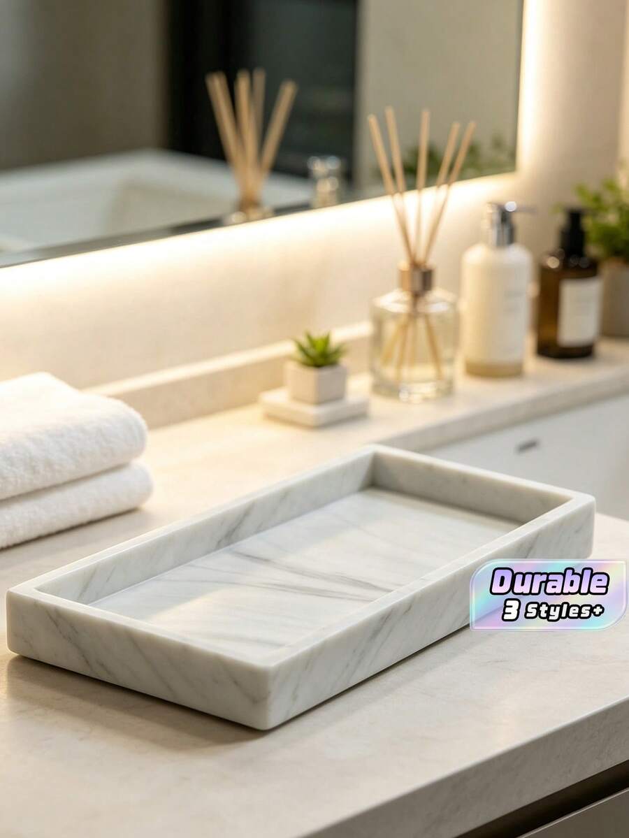 Marble Tray For Bathroom, 2 Pieces Tray Set. Made Of Silicone, Featuring White Marble Patterns, Suitable For Bathrooms, Bathtubs, Kitchen Sinks, And Bathroom Silicone Trays. - multicolor - View 1