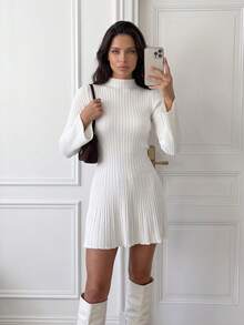 Privoire Women's Elegant Commute Solid Color Stand Collar Knit Dress - White - View 7