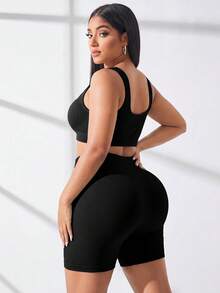 Rhythm Era Plus Size Solid Color Tank Top And Tight Shorts Sports Set - Black - View 2