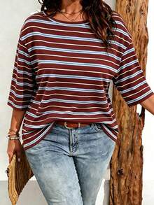 EMERY ROSE Camiseta casual de mujer talla grande con estampado de rayas y hombros caídos, adecuada para el verano - Multicolor - Ver 1