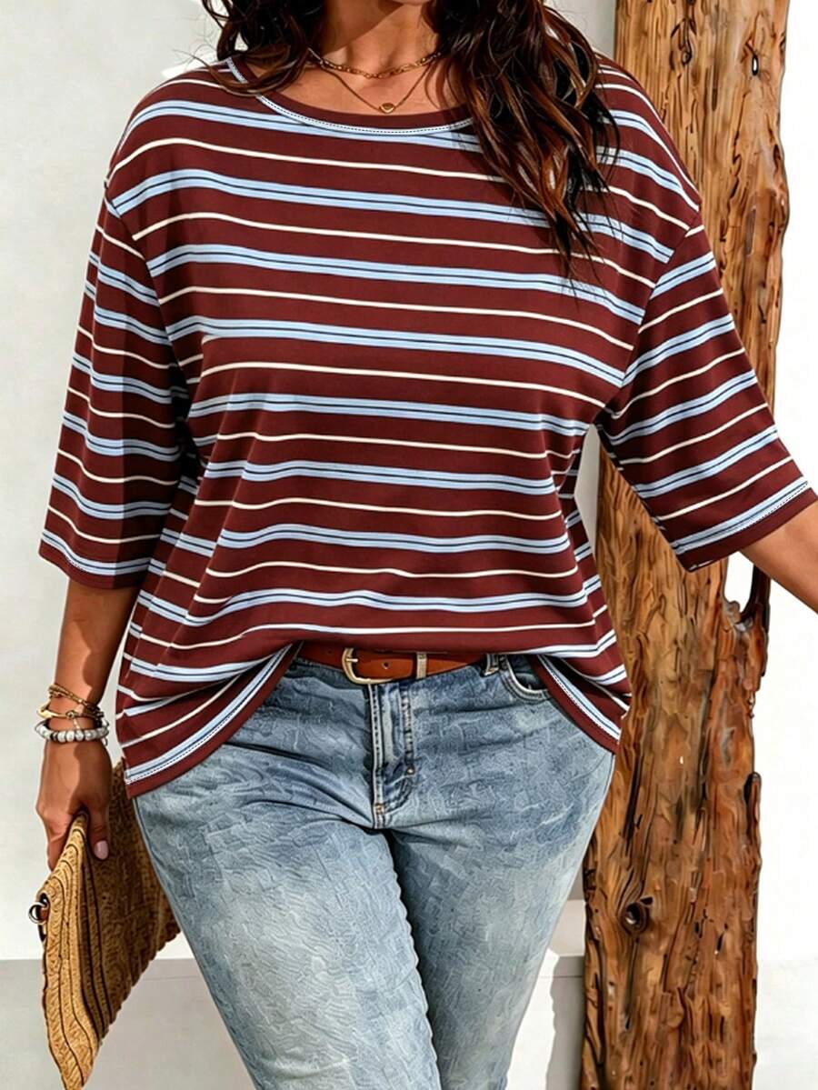 EMERY ROSE Camiseta casual de mujer talla grande con estampado de rayas y hombros caídos, adecuada para el verano - Multicolor - Ver 1