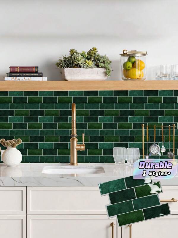 Green Waterproof Brick Texture 3D Wall Panels, Removable Self-Adhesive Wall Tile Stickers, Suitable For Kitchen Backsplash, Bathroom, And Holiday Decor