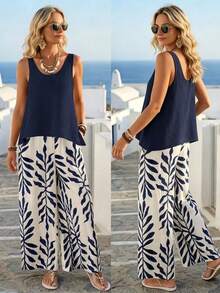 SHEIN LUNE Setelan Kasual 2 Potong Wanita Ukuran Plus, Blus Tanpa Lengan Leher Bulat Warna Polos dan Celana Panjang Lebar Motif Bunga - MultiWarna - View 5