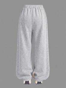SHEIN Kids Tween Girl Casual Heart Print Knit Solid Color Loose Drop Shoulder Long Sleeve Sweatshirt & Pleated Wide Leg Sweatpants Set - Grey - View 8