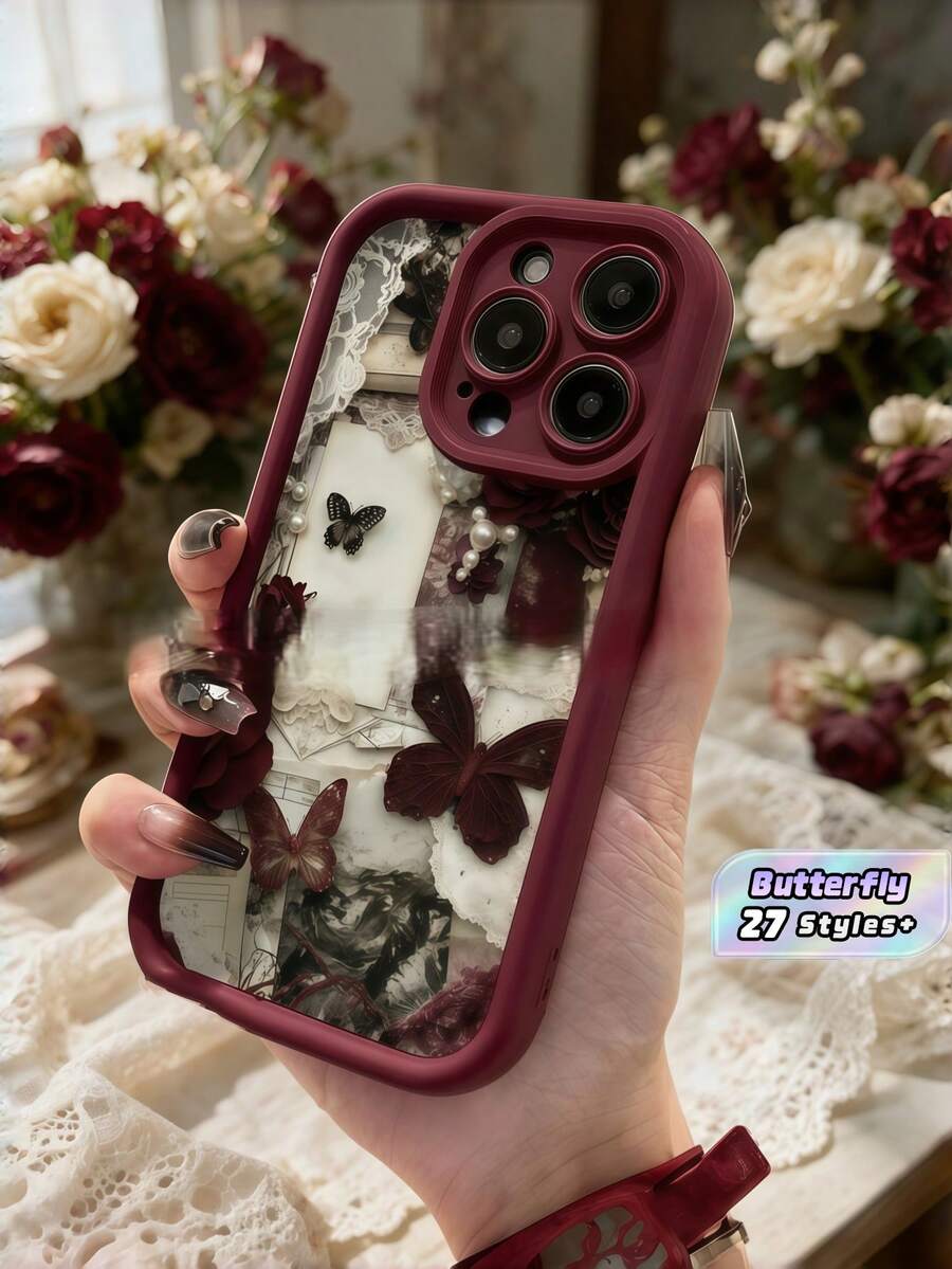 Wine Red Butterfly Cream Texture Case For 17/16/15 – Soft Silicone Fashion Cover, Shockproof Protection - Multicolor - View 1