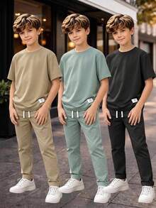 SHEIN 儿童/青少年男童柔软弹力面料装饰短袖上衣和松紧腰裤两件套，适合春夏外出、上学、居家穿着。 - 淺藍色 - 查看 5