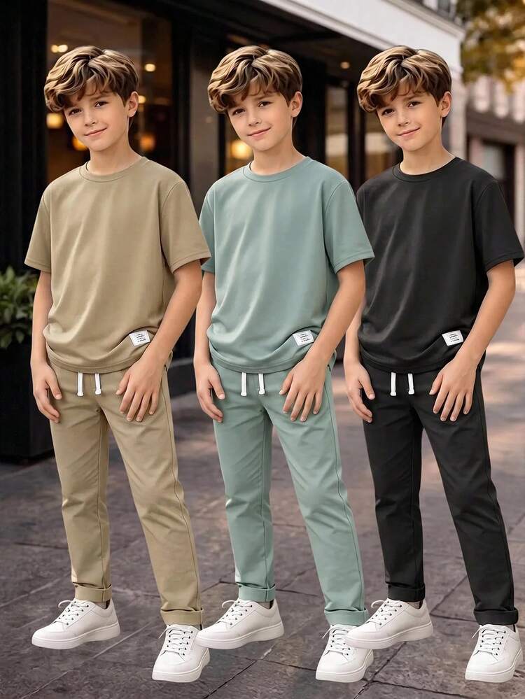 SHEIN Kids/Tween Boys' Sage Green 2 Pieces Set,Soft & Stretchy Fabric Short Sleeve Top And Elastic Waist Pants,Summer Casual City Break Outings School Home - Baby Blue - View 4