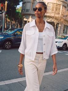 Maija All White Subtle Long Sleeve Fall Shirt Collar Women's Lightweight Jacket With Shell Button Decor Elastic Hem Casual Chic Everyday Travel - White - View 3