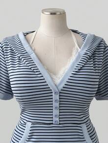 Sunspun Plus Size Women's Striped Short Sleeve Button Design Hooded Sweatshirt - Multicolor - View 5