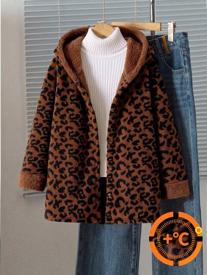 SHEIN Girls' Casual Versatile Daily School Leopard Print Patchwork Hooded Thickened Pattern Plush Collar Open Front Mid-Length Autumn/Winter Coat, Fuzzy Jacket Suitable For Daily Outings And Activities