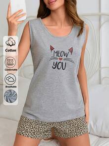 SHEIN Cottnline 100% Cotton 2 Pcs Women Sleeveless Letter And Heart Patterned Sleep Top + Leopard Pattern Shorts Casual Pajama Lounge Set - Multicolor - View 1