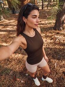 Exploreva Exploreva Women's Slim Fit Outdoor Brown Criss-Cross Back Tank Top - Brown - View 4
