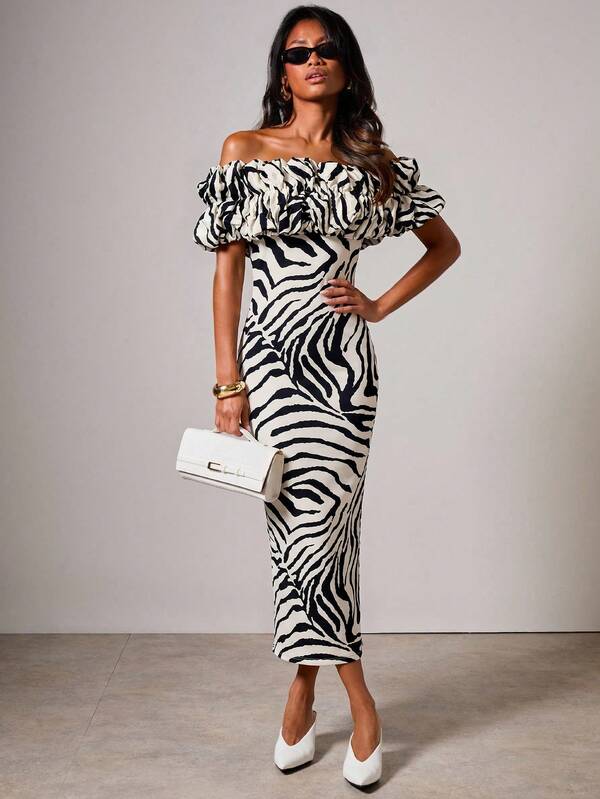 COSMINA Women's Black And White Casual Sexy Elegant Lace Patchwork Long Dress Bar Party Night Summer Elegant Animal Print Black And White Dress Ruffle Dress