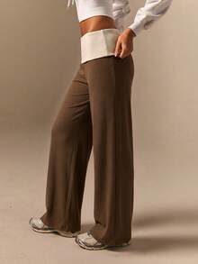 Athîral Women's Casual Y2k Brown Contrast Low-Rise Waist Straight Leg Pants, Daily Wear, Soft And Comfortable Knit, Home Wear, Back To School, Gym - Brown - View 5