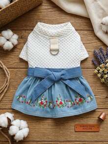 PETSIN 1pc Plush Thickened Pet Dress, Suitable For Cats And Dogs To Wear In Autumn And Winter, Embroidered Small Flower Dress In Princess Style - Blue and White - View 1