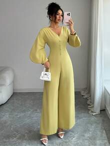 Elenzga Women's Solid Color V-Neck Casual Jumpsuit For Daily Wear - Mustard Yellow - View 5