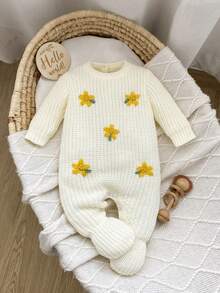 SHEIN 1件米白色新生兒嬰兒毛衣連身衣附襪子，圓領長袖，可愛蜜蜂刺繡，極簡日系可愛連身褲，適合秋冬 - 彩色 - 查看 3