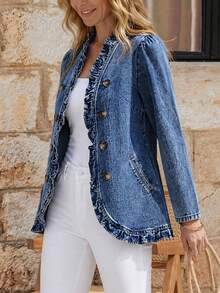 EMERY ROSE Áo khoác denim viền bèo nhún hai hàng khuy dài tay mùa thu cho nữ - Rửa trung bình - Xem 1