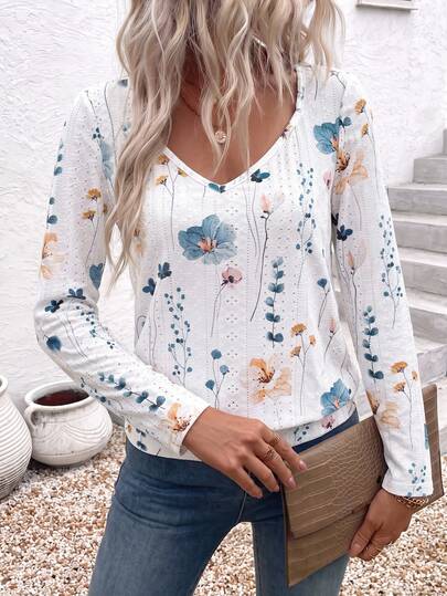SHEIN Women's Elegant Fall Loose White Floral Print Textured Hollow Top, Watercolor Style V-Neck Long Sleeve Top, Country Casual