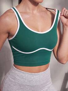 Solea Cove Tank Top Olahraga Ukuran Besar Warna Polos Model U-Neck dengan Tali Bahu Tetap, Bra Olahraga Kasual Bergaris Halus, Tanpa Kawat untuk Lari, Yoga, Kebugaran, dan Latihan - Dark Green - View 1
