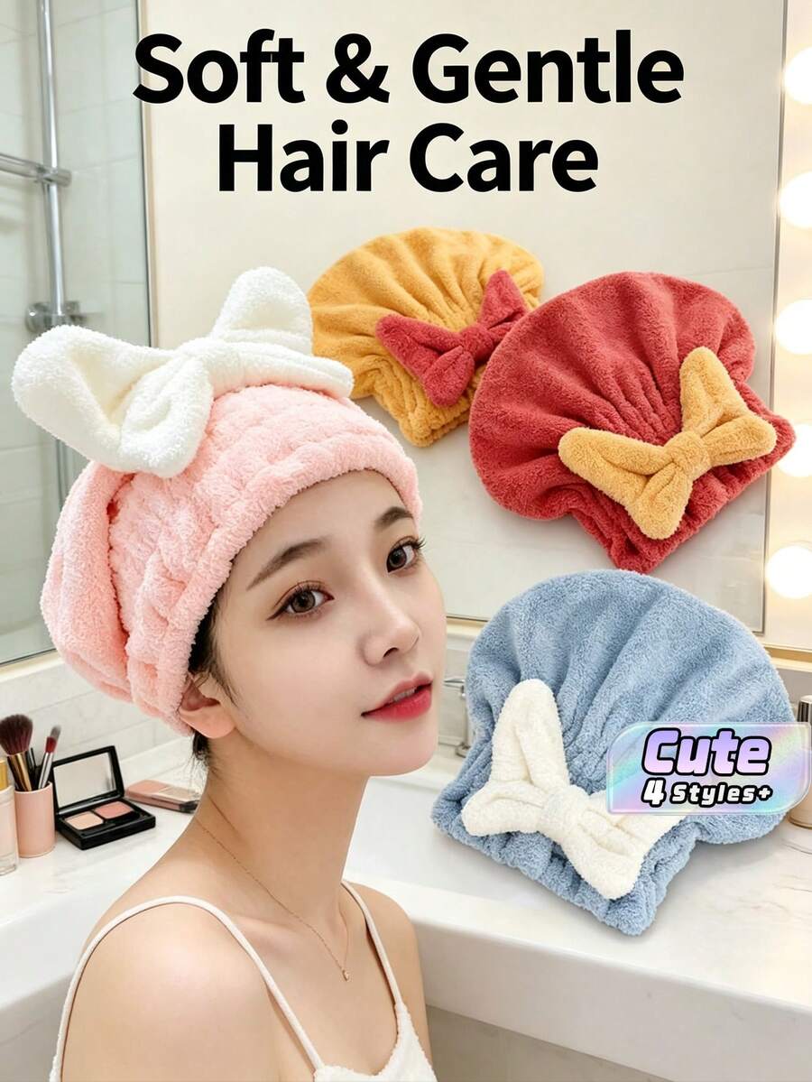 4pcs JapaneseStyle Hair Drying Caps For Women, HeadWrapped Design Crafted From Soft Coral Fleece Fabric With Super Water Absorption And Quick-Drying Performance It Easily Wraps Long Hair And Saves Hair From HighTemperature - Multicolor - View 1