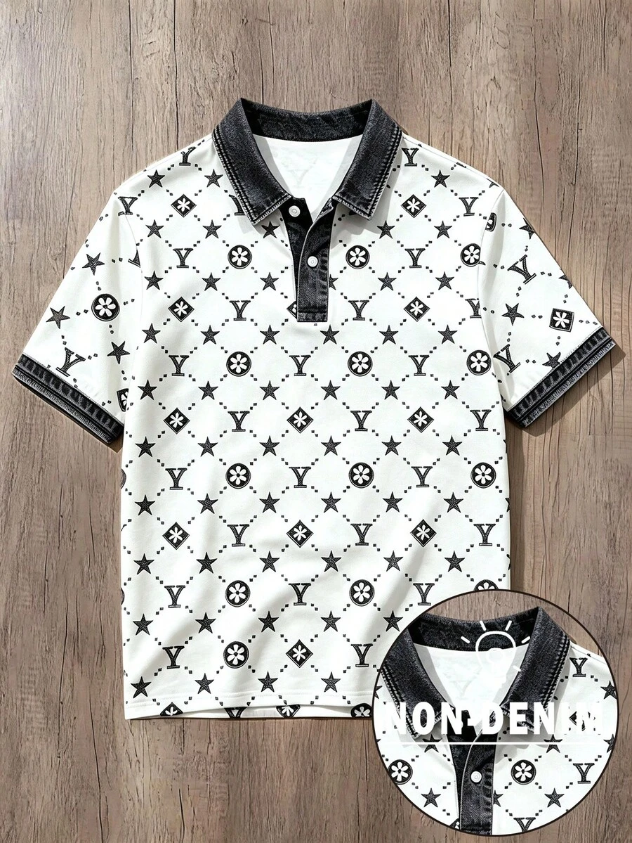 Manfinity Joysei 男士全印花對比滾邊休閒日常短袖 Polo 衫 - 黑與白 - 查看 1